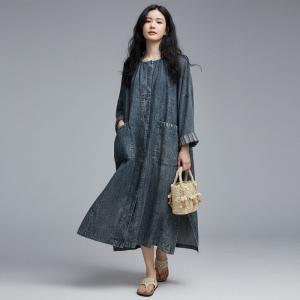Big Slit Round Neck Long Sleeves Large Jean Dress
