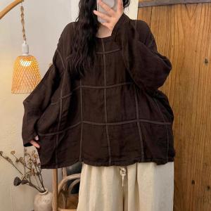 Loose-Fit Long Sleeve Big Plaids Linen Blouse