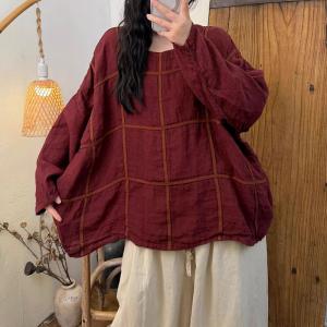 Loose-Fit Long Sleeve Big Plaids Linen Blouse