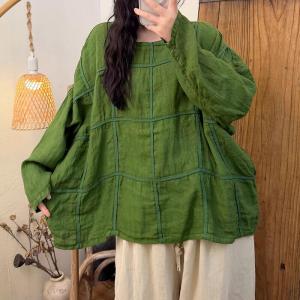 Loose-Fit Long Sleeve Big Plaids Linen Blouse
