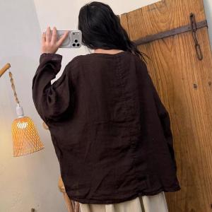 Loose-Fit Long Sleeve Big Plaids Linen Blouse