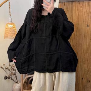 Loose-Fit Long Sleeve Big Plaids Linen Blouse