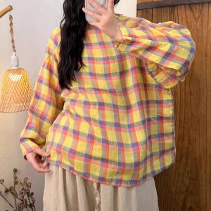 Long Sleeves Classic Linen Gingham Blouse