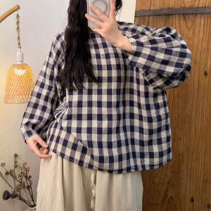 Long Sleeves Classic Linen Gingham Blouse