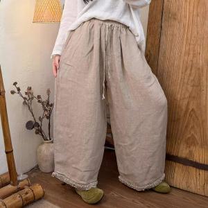 Old Money Fringed Hem Linen Wide Leg Pants