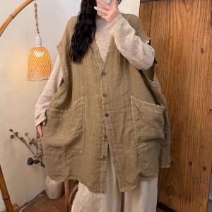 Oversized-Fit Big Pocket Linen Midi Waistcoat