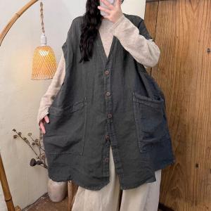 Oversized-Fit Big Pocket Linen Midi Waistcoat