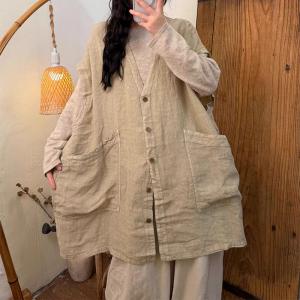 Oversized-Fit Big Pocket Linen Midi Waistcoat