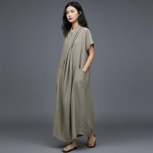 Short Sleeves Summer Linen Front Cross Dress