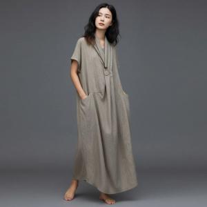 Short Sleeves Summer Linen Front Cross Dress