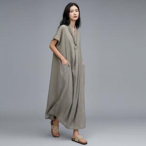 Short Sleeves Summer Linen Front Cross Dress