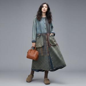 Gingham and Plaid Patchwork Stone Wash Jean Coat