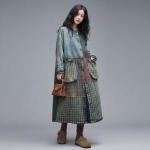 Gingham and Plaid Patchwork Stone Wash Jean Coat