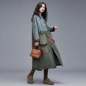 Gingham and Plaid Patchwork Stone Wash Jean Coat