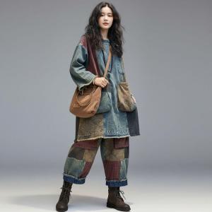 Colored Patchwork Denim Tunic with Baggy Ethnic Pants