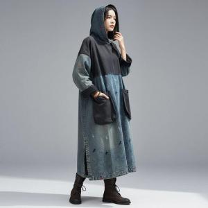 Blue Contrast Dragonfly Embroidery Denim Hooded Dress