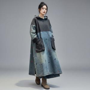 Blue Contrast Dragonfly Embroidery Denim Hooded Dress