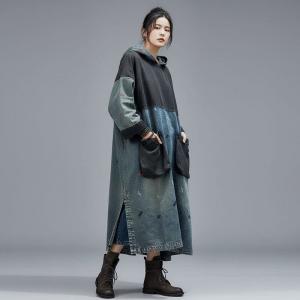 Blue Contrast Dragonfly Embroidery Denim Hooded Dress