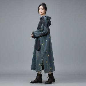 Blue Contrast Dragonfly Embroidery Denim Hooded Dress