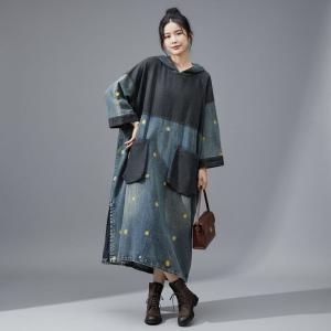 Blue Contrast Dragonfly Embroidery Denim Hooded Dress