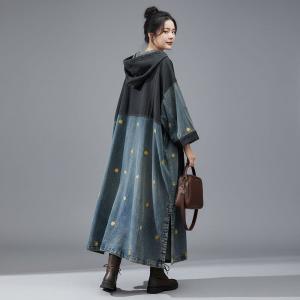 Blue Contrast Dragonfly Embroidery Denim Hooded Dress