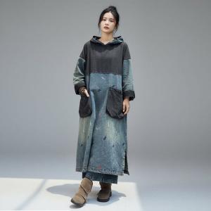 Blue Contrast Dragonfly Embroidery Denim Hooded Dress