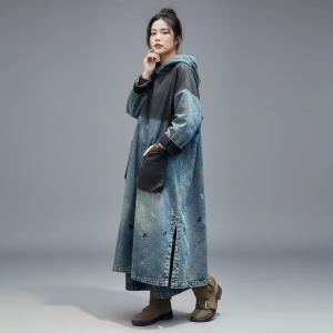 Blue Contrast Dragonfly Embroidery Denim Hooded Dress