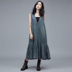 Deep-V Sleeveless Denim Fishtail Dress