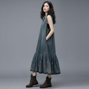 Deep-V Sleeveless Denim Fishtail Dress