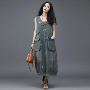 Dots Embroidery V-Neck Balloon Jean Vest Dress