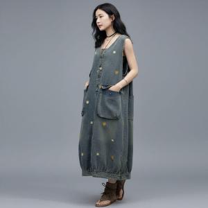 Dots Embroidery V-Neck Balloon Jean Vest Dress
