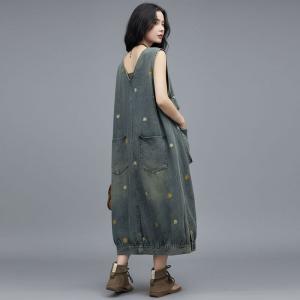 Dots Embroidery V-Neck Balloon Jean Vest Dress