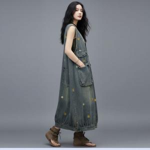 Dots Embroidery V-Neck Balloon Jean Vest Dress