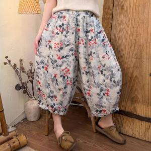 Flowers Printed Linen Comfort Cropped Pants