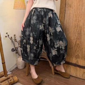 Flowers Printed Linen Comfort Cropped Pants