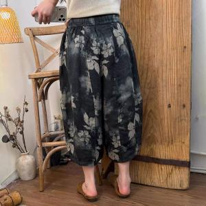 Flowers Printed Linen Comfort Cropped Pants