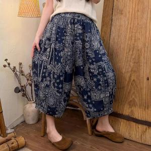 Flowers Printed Linen Comfort Cropped Pants
