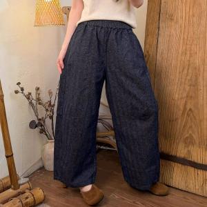 Elastic Waist Plain Cotton Linen Straight Leg Pants