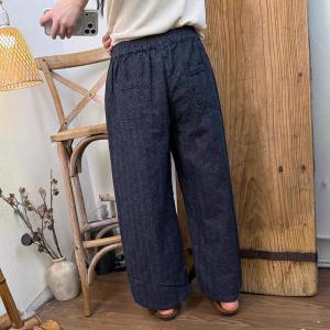 Elastic Waist Plain Cotton Linen Straight Leg Pants