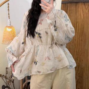 Slim-Waist Long Sleeves Ramie Patterned Tunic