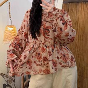 Slim-Waist Long Sleeves Ramie Patterned Tunic