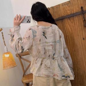 Slim-Waist Long Sleeves Ramie Patterned Tunic