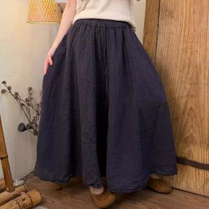 Solid Color Drawstring Waist Linen Flare Skirt