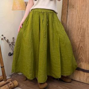 Solid Color Drawstring Waist Linen Flare Skirt