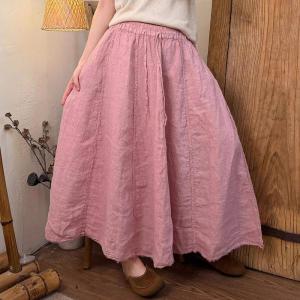 Solid Color Drawstring Waist Linen Flare Skirt