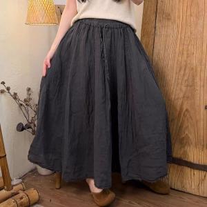 Solid Color Drawstring Waist Linen Flare Skirt