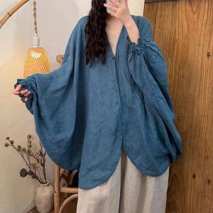 Puff Sleeves Asymmetrical Linen Oversized Cloak Blouse