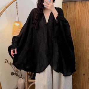 Puff Sleeves Asymmetrical Linen Oversized Cloak Blouse