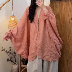 Puff Sleeves Asymmetrical Linen Oversized Cloak Blouse