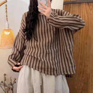 Long Sleeves Vertical Striped Linen Ladies Blouse